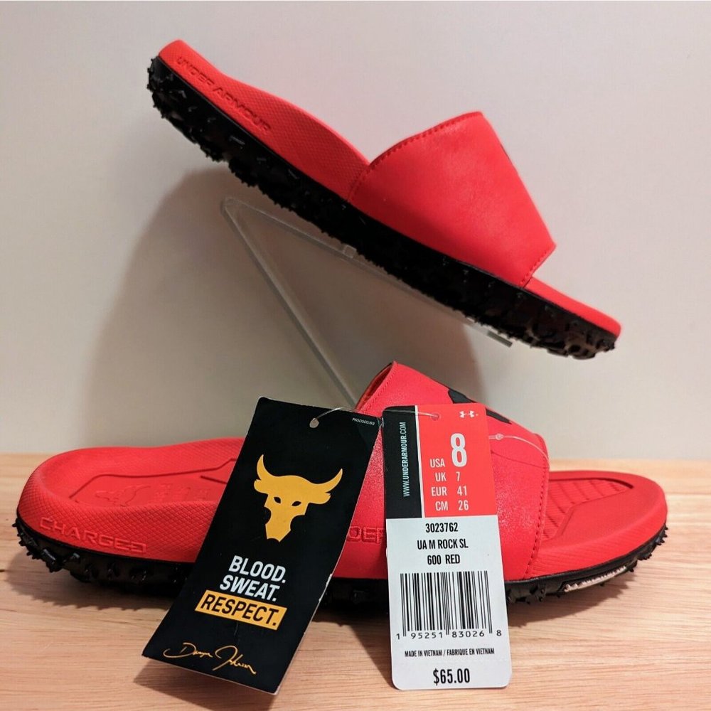 NWT Under Armour Project Rock Men's Sideline Slides Size 8 Red/Black Sandals